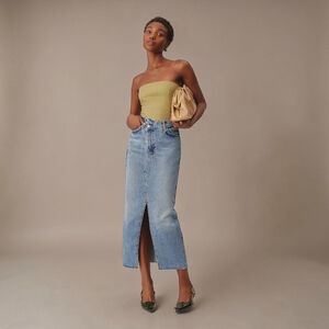 Reformation Nila Asymmetric Wrap Denim Midi Skirt Front Split Sz 24 NWT